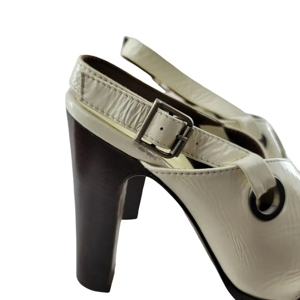 Marni Platform Heels Size 36 5.5-6 Cream Leather Wood Heel‎ Peep Toe Slingback